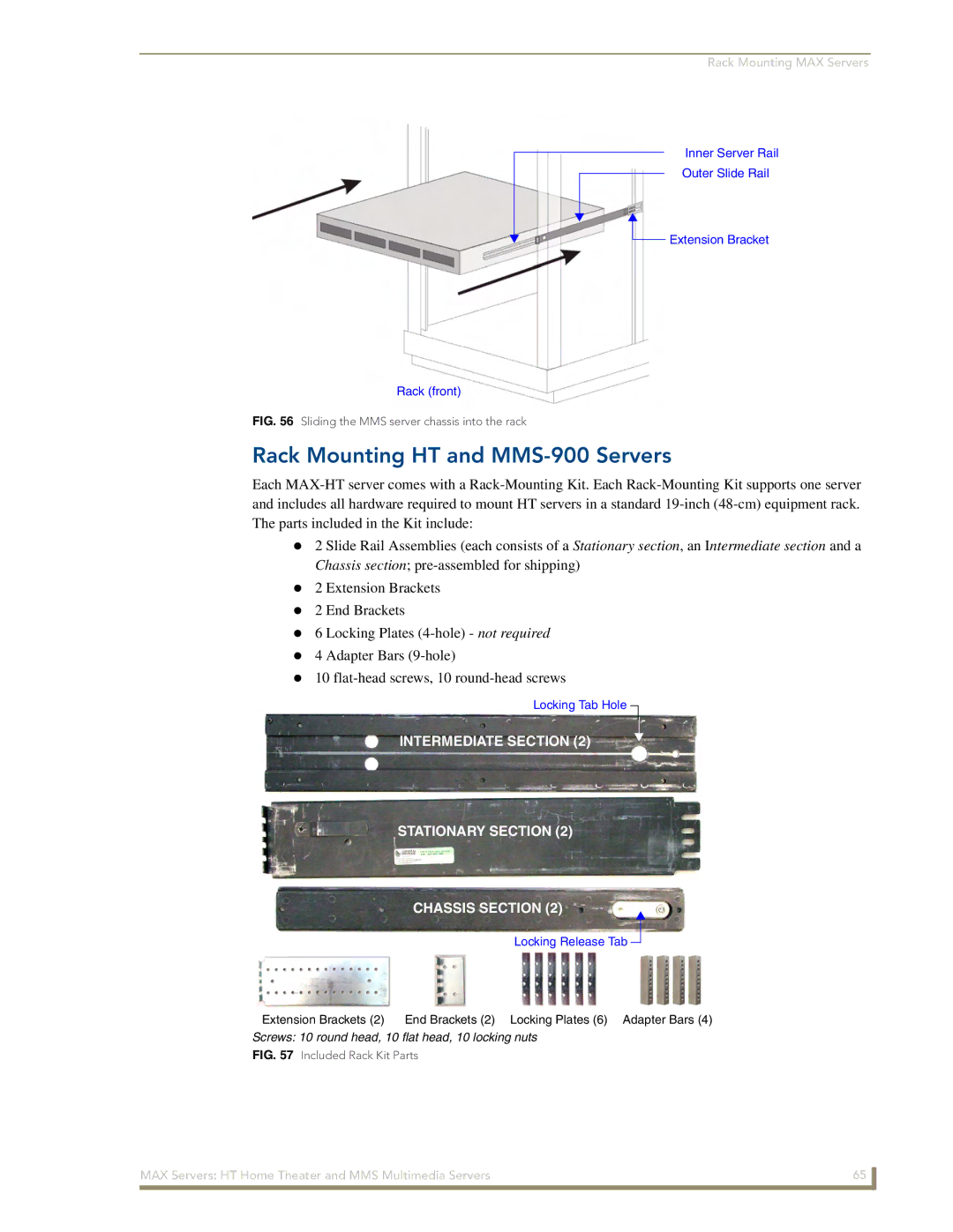 AMX MAX Servers manual Rack Mounting HT and MMS-900 Servers, Intermediate Section Stationary Section Chassis Section 