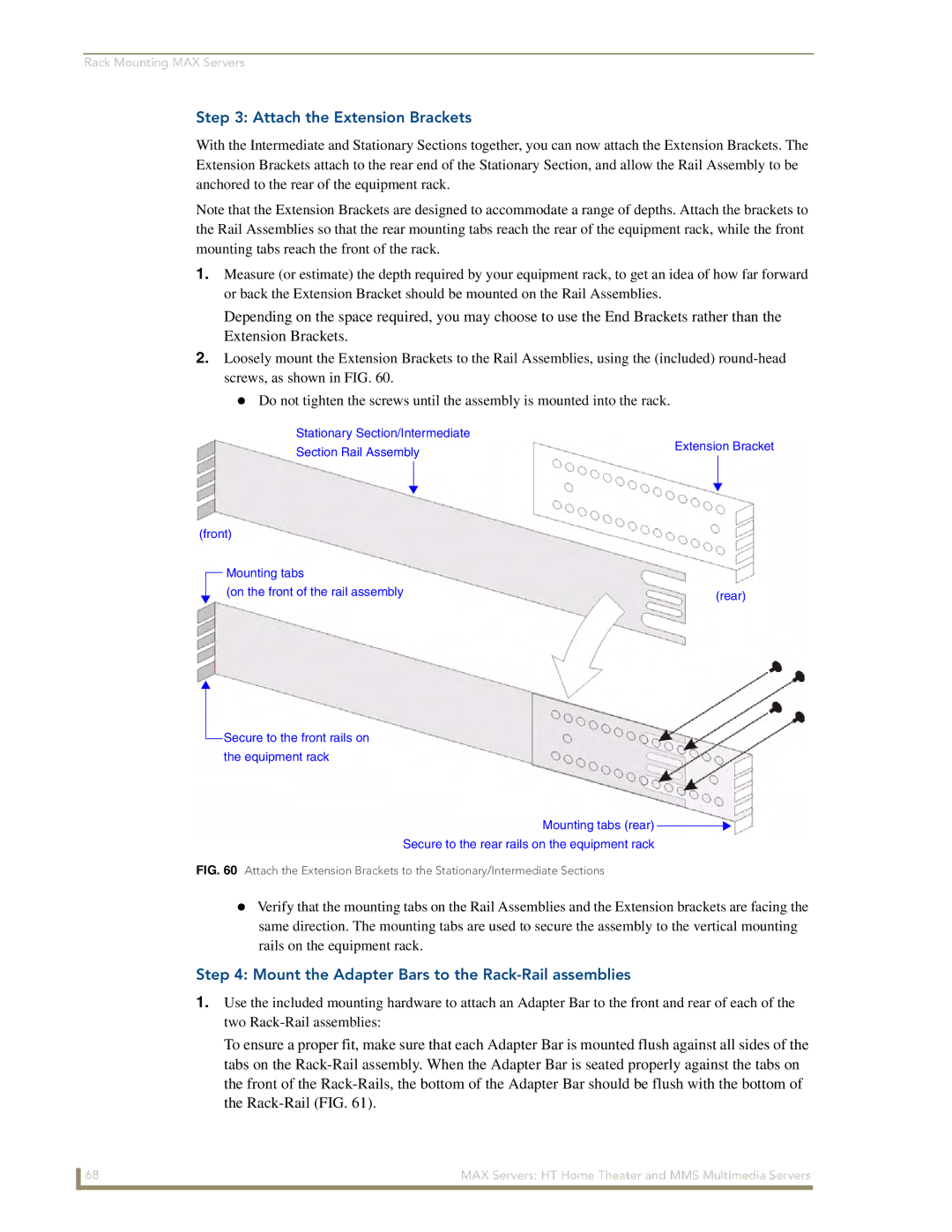 AMX MAX Servers manual Attach the Extension Brackets, Mount the Adapter Bars to the Rack-Rail assemblies 