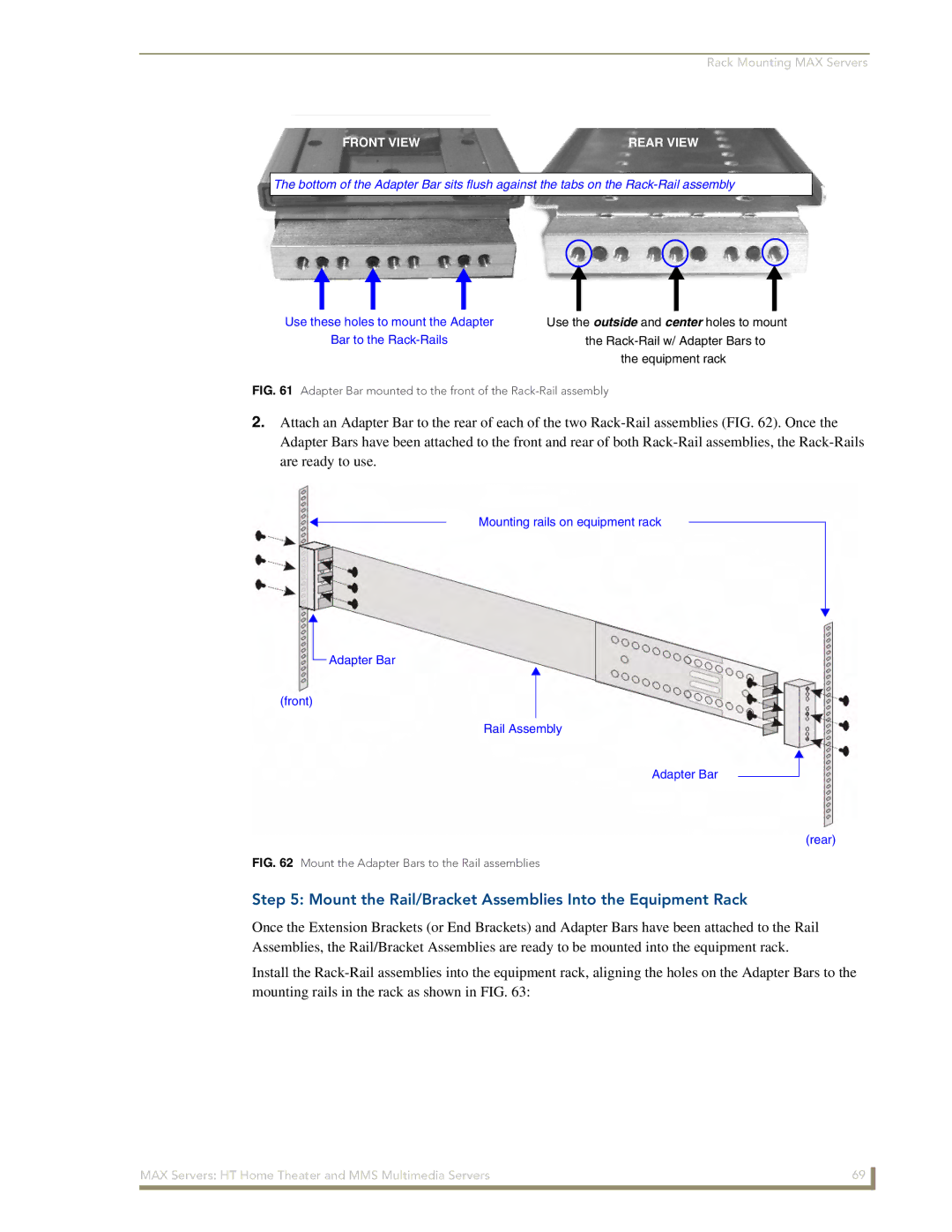 AMX MAX Servers manual Mount the Rail/Bracket Assemblies Into the Equipment Rack, Front View Rear View 