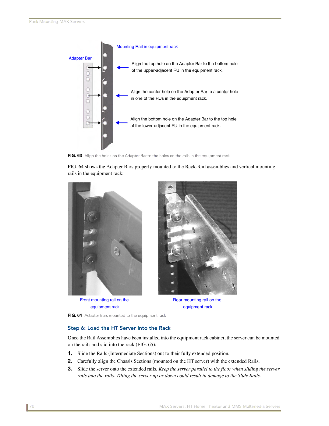 AMX MAX Servers manual Load the HT Server Into the Rack, Mounting Rail in equipment rack Adapter Bar 