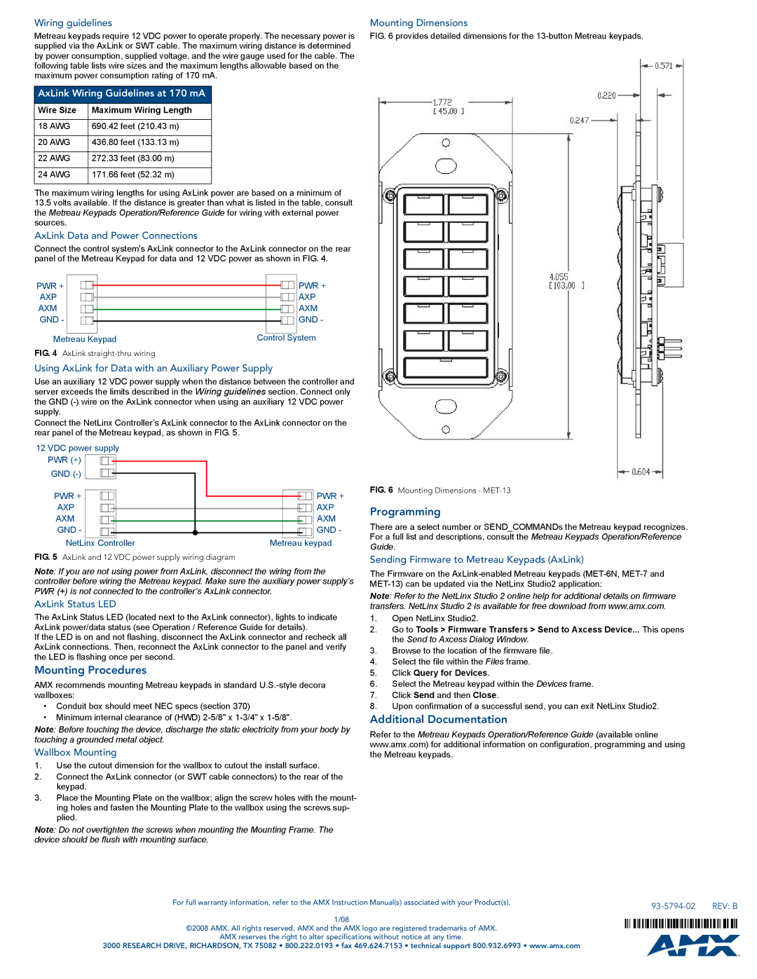 AMX MET-13 specifications Mounting Procedures, Programming, Additional Documentation 