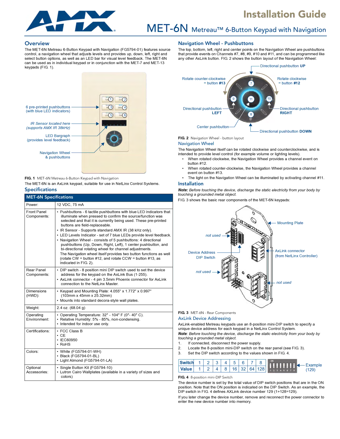 AMX MET-6N specifications Navigation Wheel Pushbuttons, Specifications, Installation 