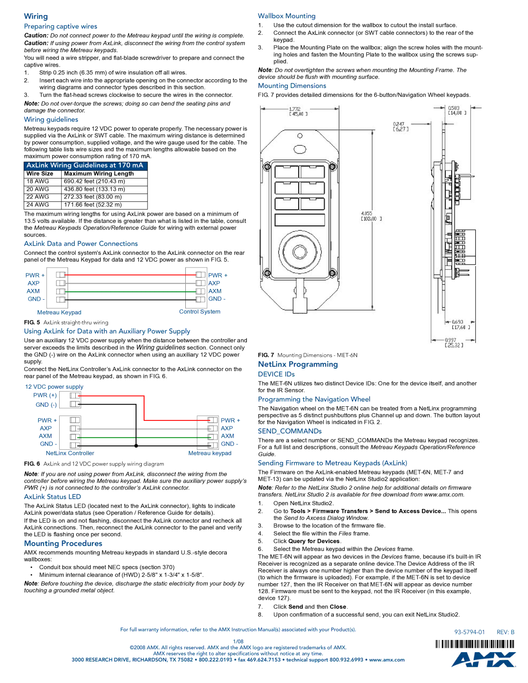 AMX MET-6N specifications Wiring, Mounting Procedures, NetLinx Programming 