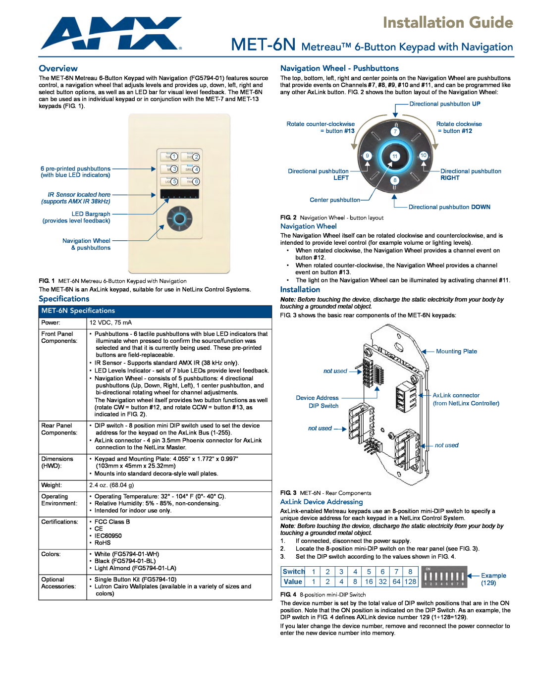AMX specifications Navigation Wheel - Pushbuttons, MET-6N Specifications, Installation Guide, Overview, Value 