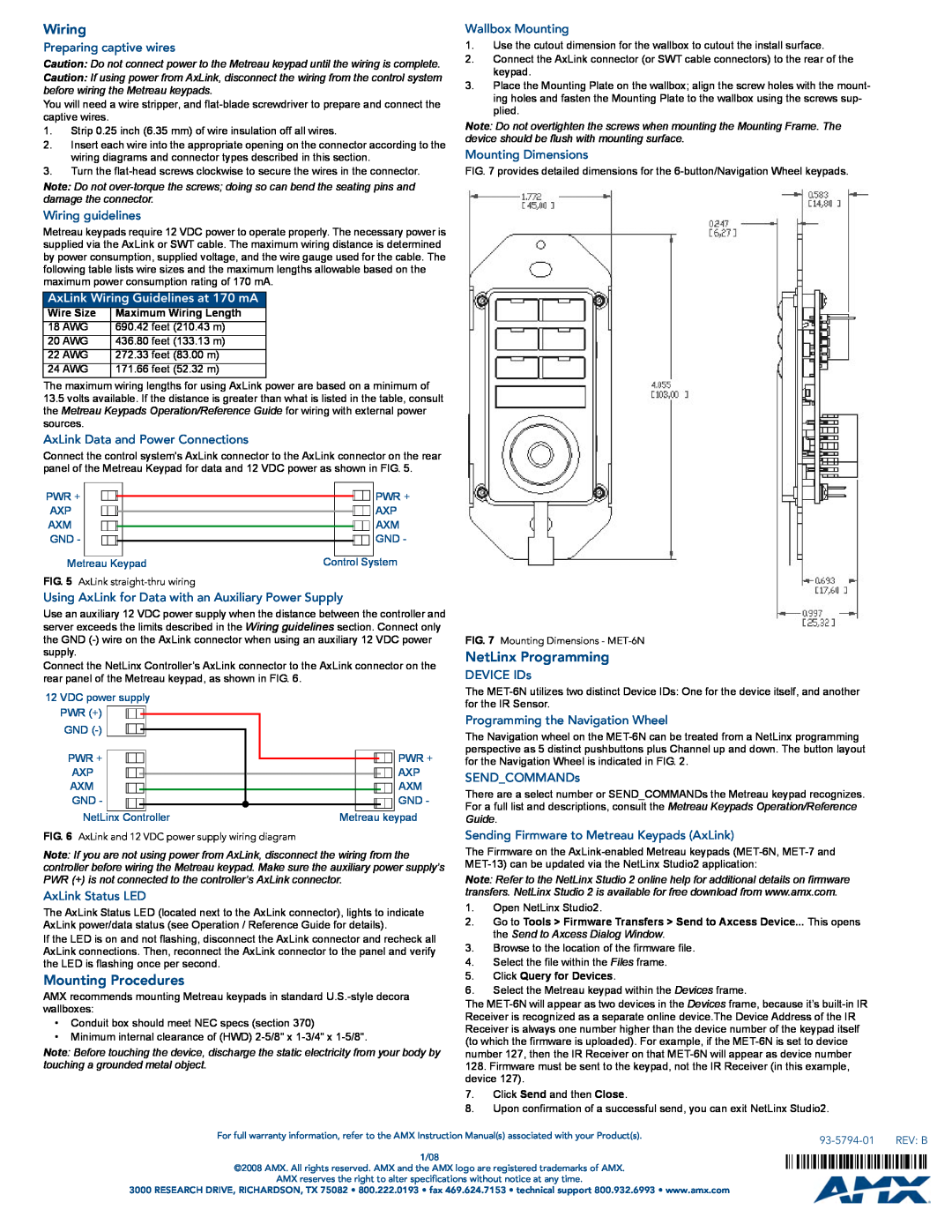 AMX MET-6N specifications Mounting Procedures, NetLinx Programming, AxLink Wiring Guidelines at 170 mA 
