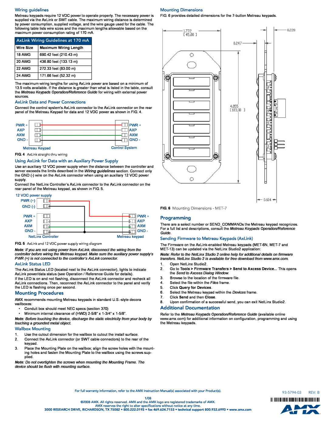 AMX MET-7 Mounting Procedures, Programming, Additional Documentation, Wiring guidelines, AxLink Data and Power Connections 