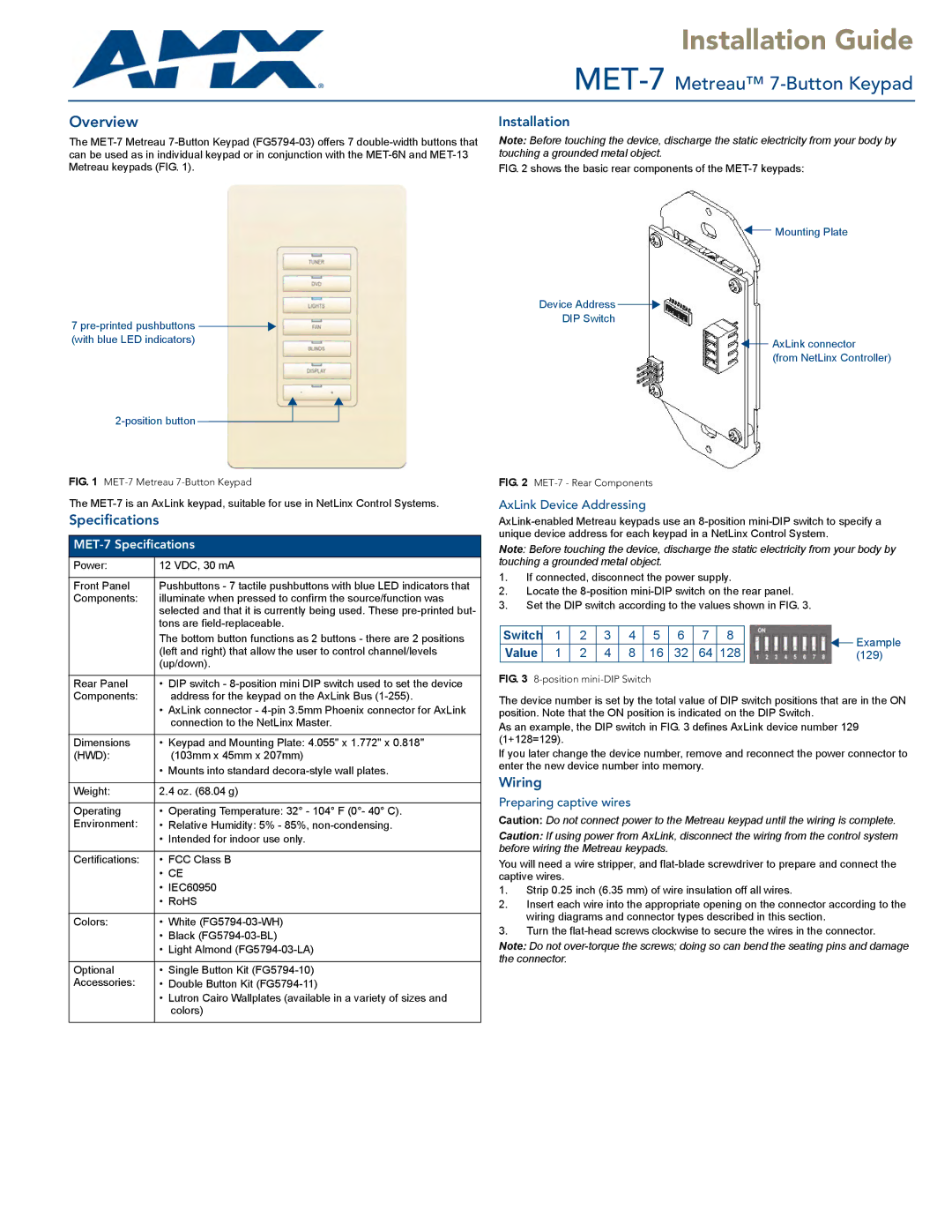 AMX MET-7 specifications Specifications, Installation, Wiring 