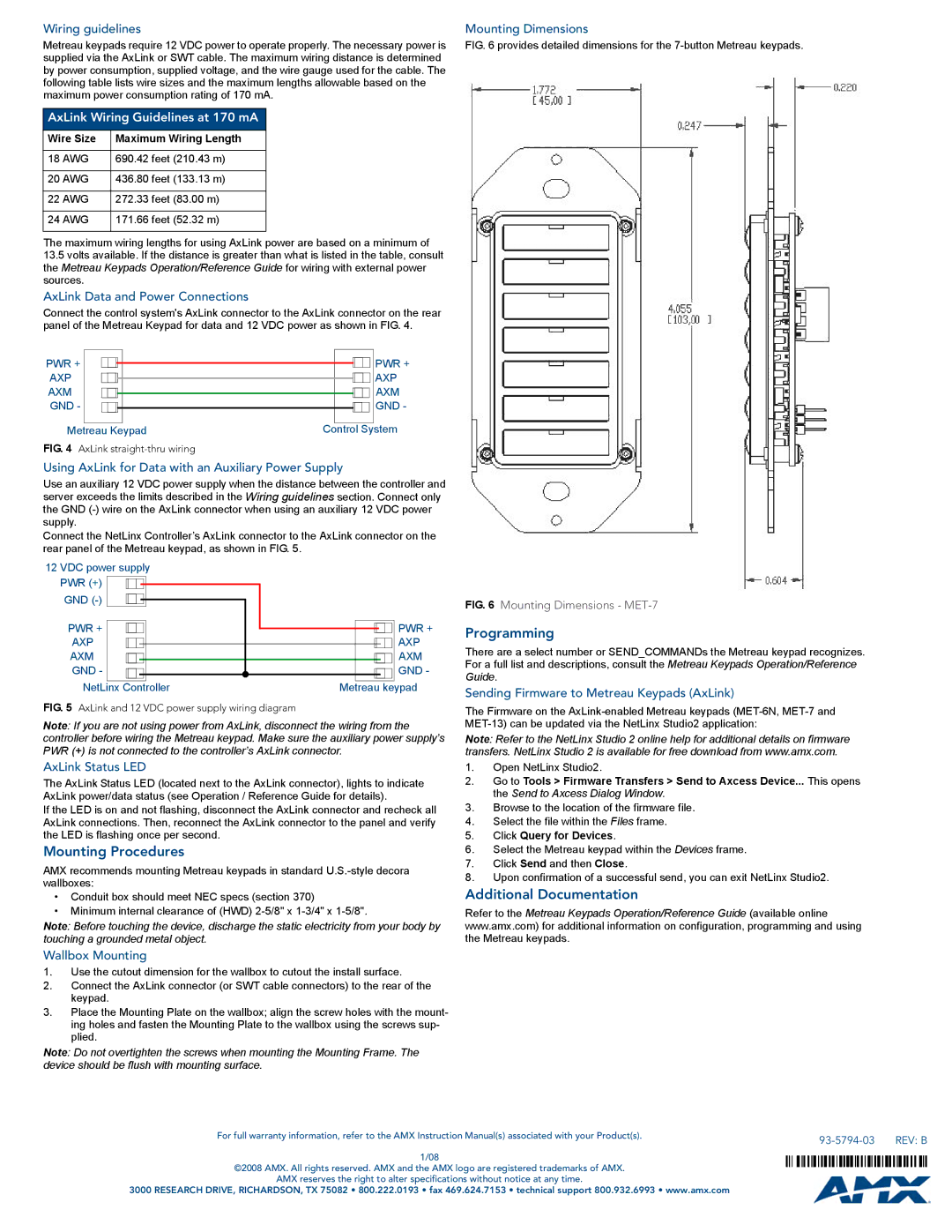 AMX MET-7 specifications Mounting Procedures, Programming, Additional Documentation 