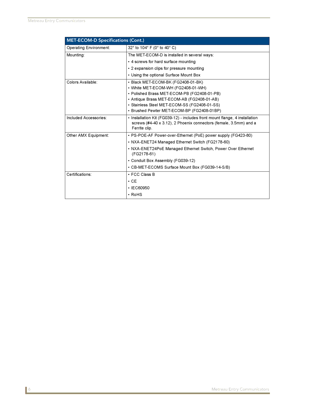 AMX manual MET-ECOM-D Specifications 