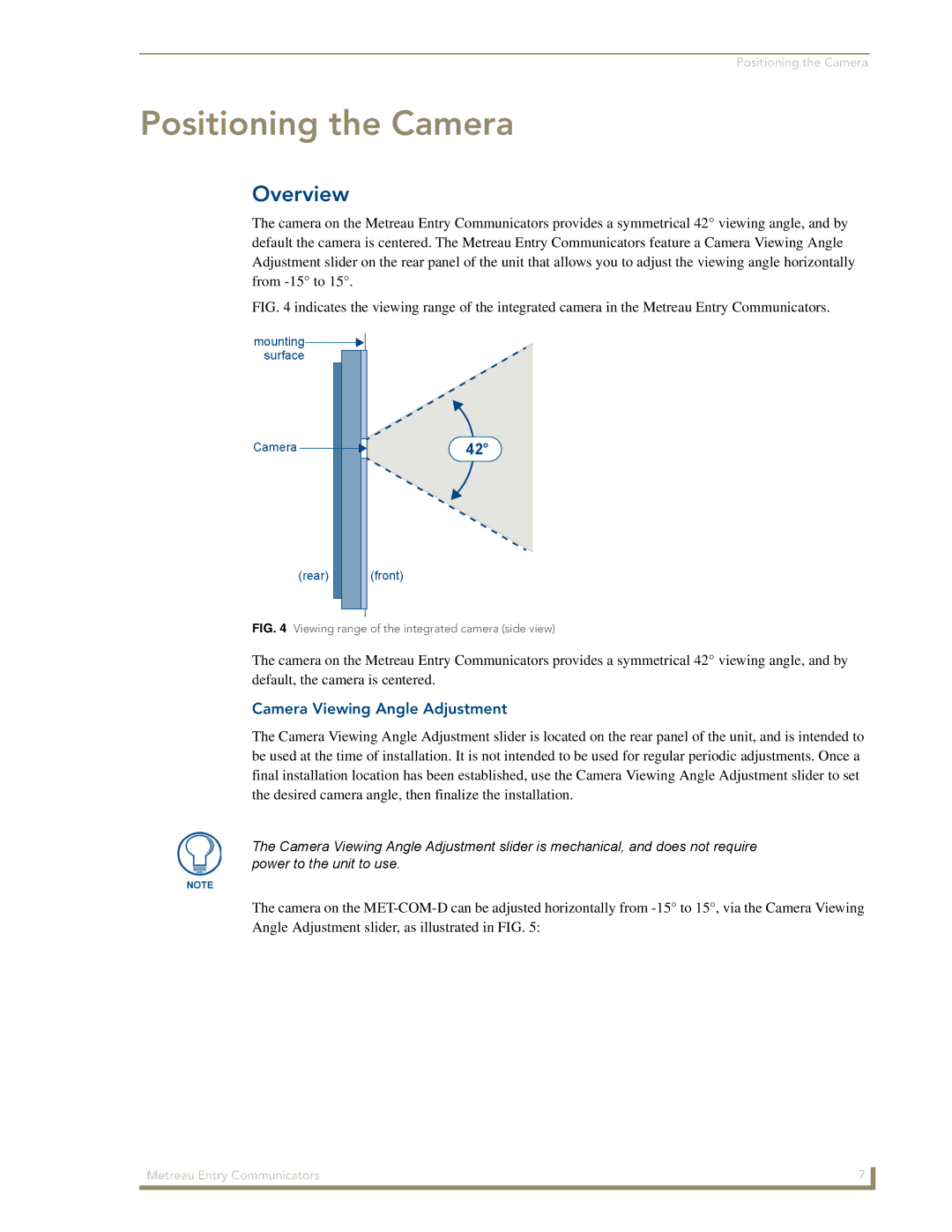 AMX MET-ECOM-D manual Positioning the Camera, Camera Viewing Angle Adjustment 