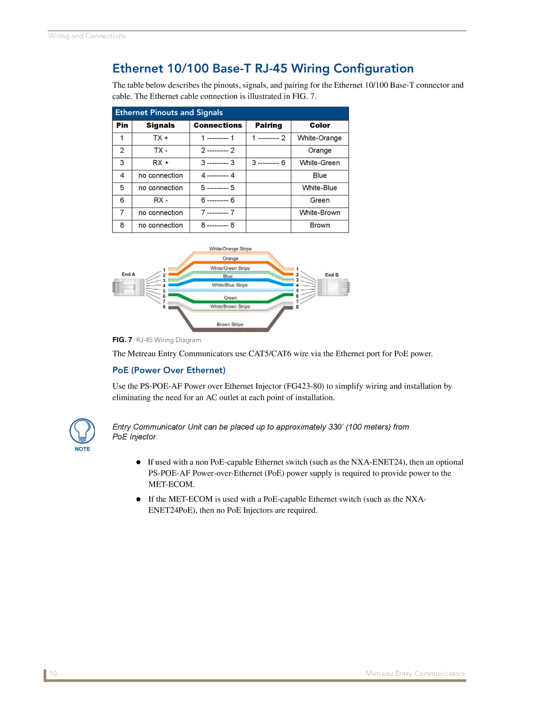 AMX MET-ECOM-D Ethernet 10/100 Base-T RJ-45 Wiring Configuration, PoE Power Over Ethernet, Ethernet Pinouts and Signals 