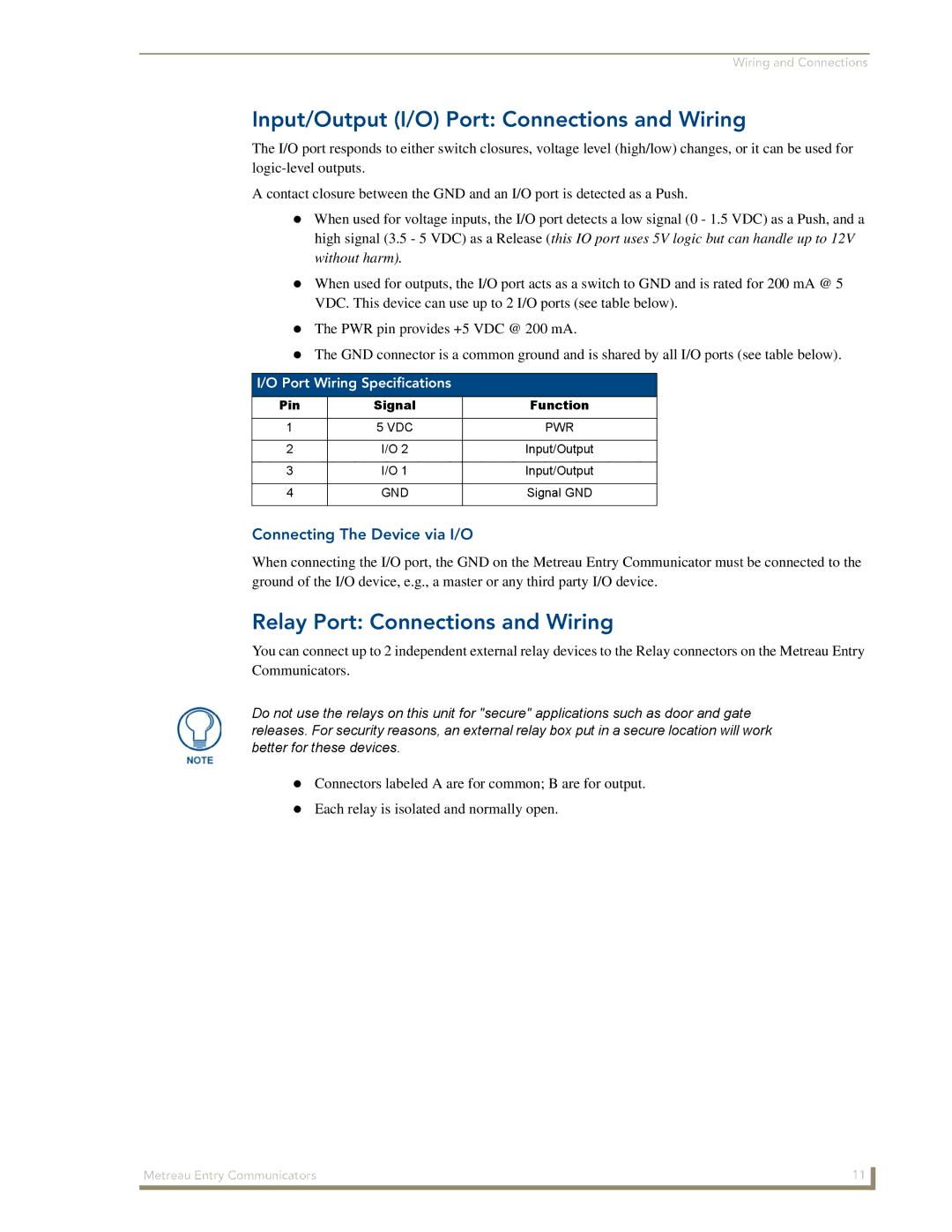 AMX MET-ECOM-D Input/Output I/O Port Connections and Wiring, Relay Port Connections and Wiring, Port Wiring Specifications 