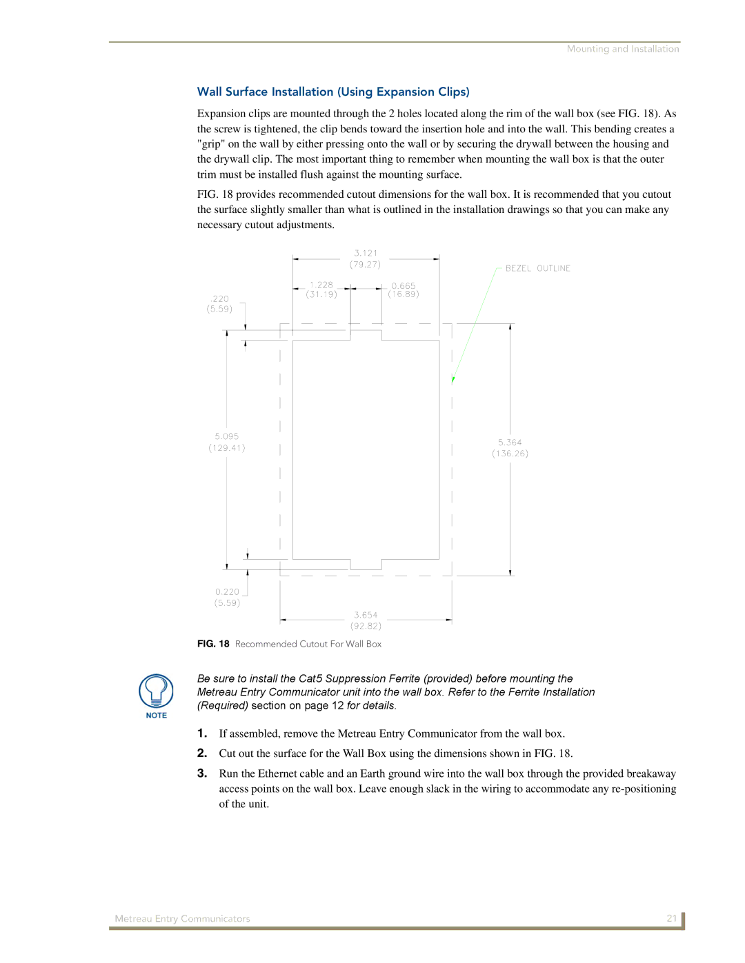 AMX MET-ECOM-D manual Wall Surface Installation Using Expansion Clips, Recommended Cutout For Wall Box 