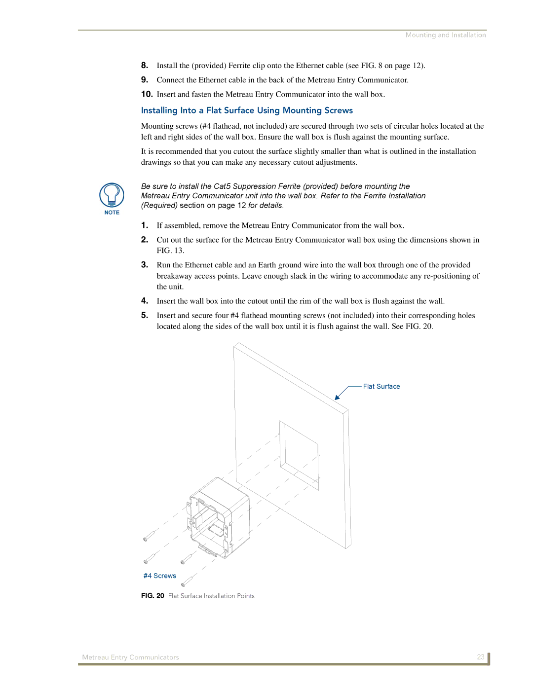 AMX MET-ECOM-D manual Installing Into a Flat Surface Using Mounting Screws, Flat Surface Installation Points 