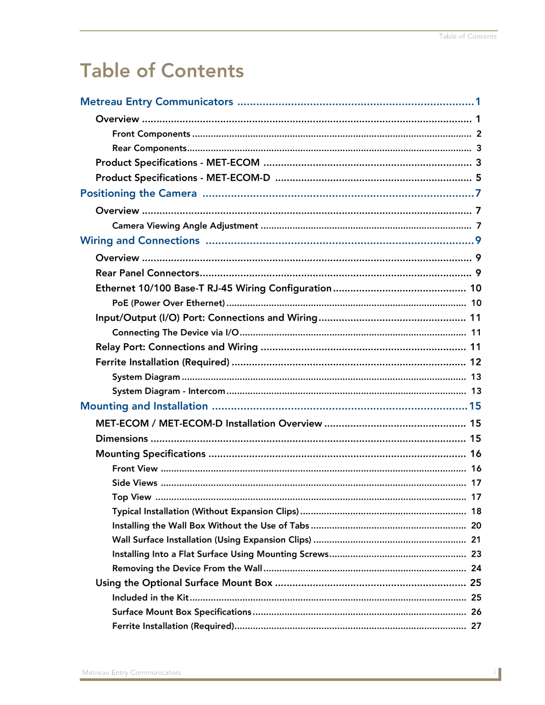 AMX MET-ECOM-D manual Table of Contents 