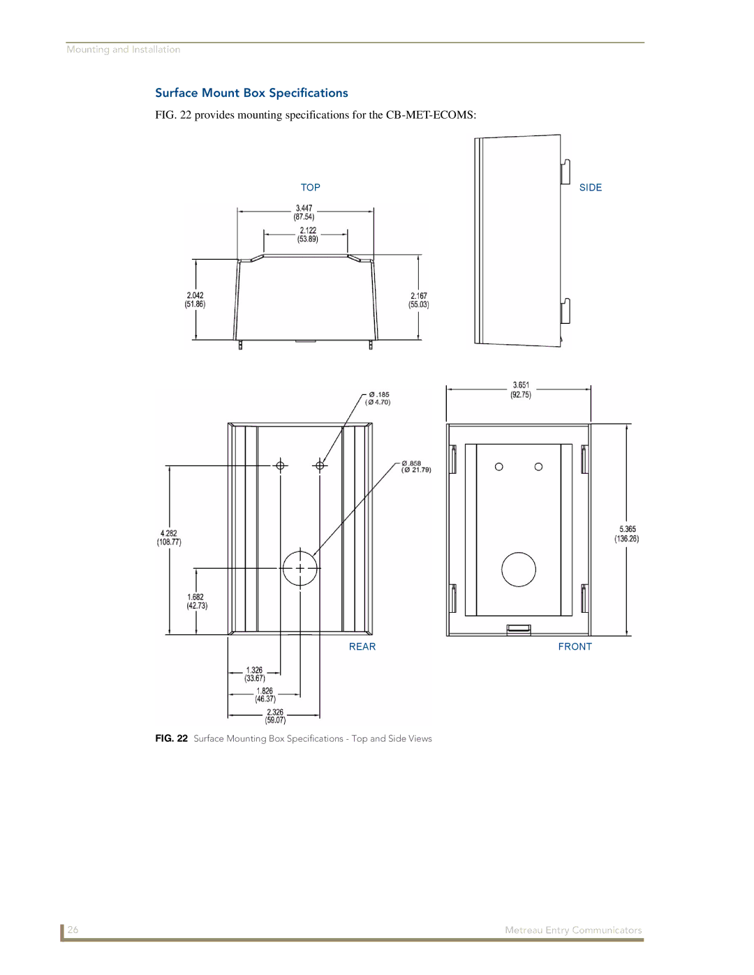 AMX MET-ECOM-D manual Surface Mount Box Specifications, Provides mounting specifications for the CB-MET-ECOMS 