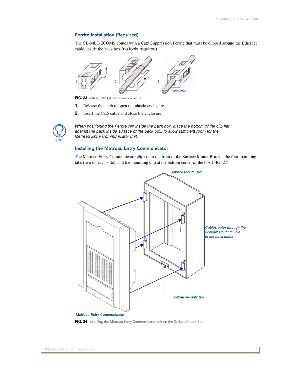 AMX MET-ECOM-D manual Ferrite Installation Required, Installing the Metreau Entry Communicator 