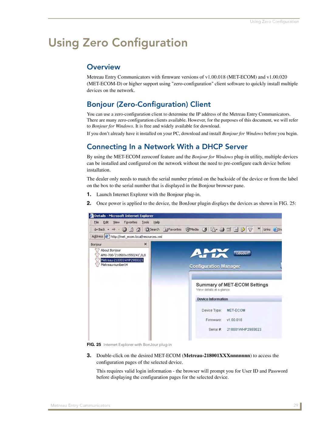 AMX MET-ECOM-D Using Zero Configuration, Bonjour Zero-Configuration Client, Connecting In a Network With a Dhcp Server 