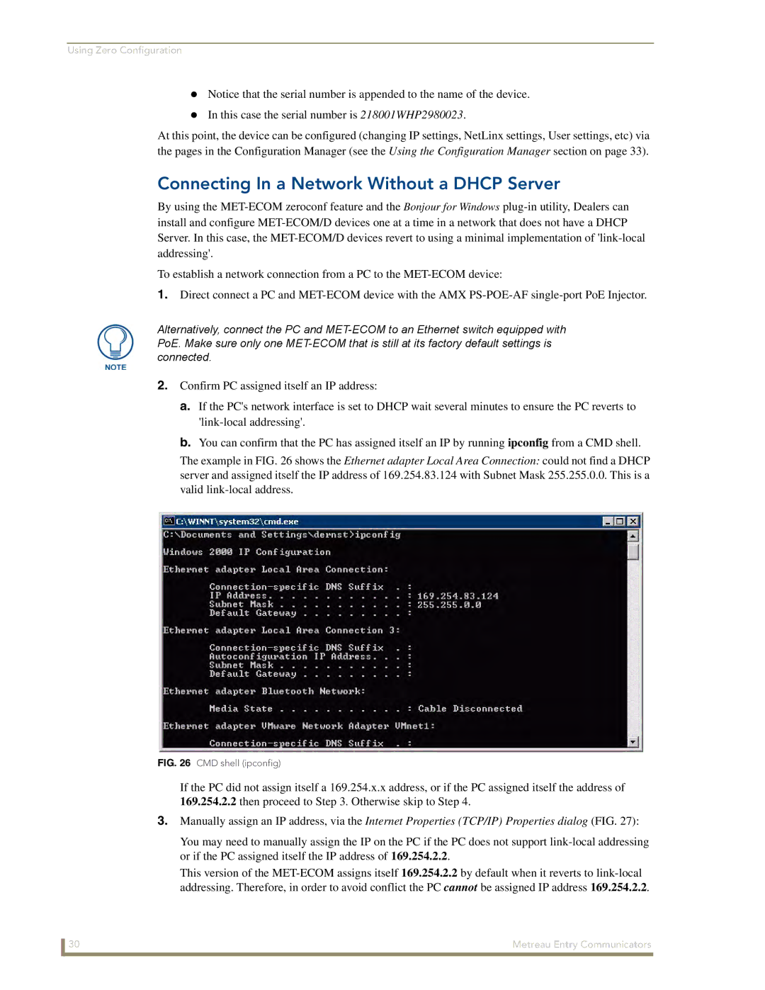 AMX MET-ECOM-D manual Connecting In a Network Without a Dhcp Server, This case the serial number is 218001WHP2980023 