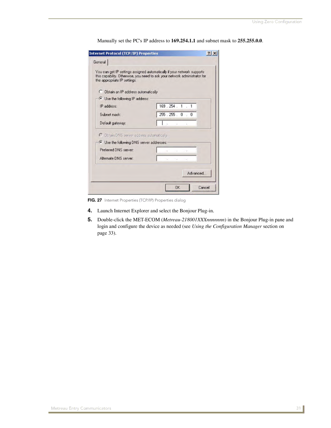 AMX MET-ECOM-D manual Internet Properties TCP/IP Properties dialog 