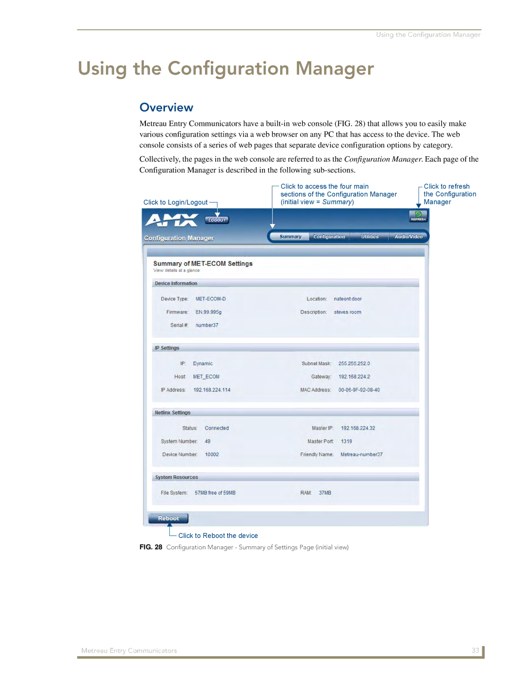 AMX MET-ECOM-D manual Using the Configuration Manager, Configuration Manager Summary of Settings Page initial view 