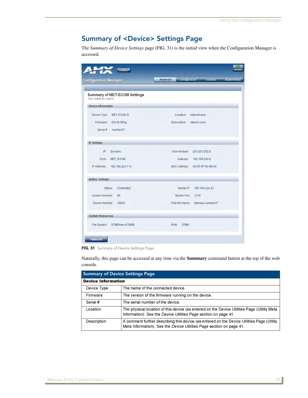 AMX MET-ECOM-D manual Summary of Device Settings, Device Information 