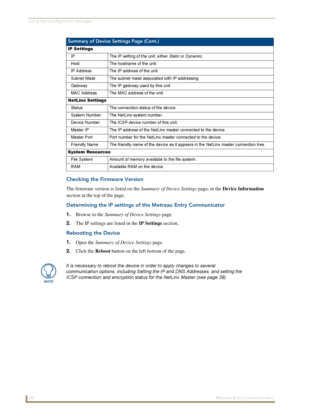 AMX MET-ECOM-D manual Checking the Firmware Version, Rebooting the Device, IP Settings, NetLinx Settings 