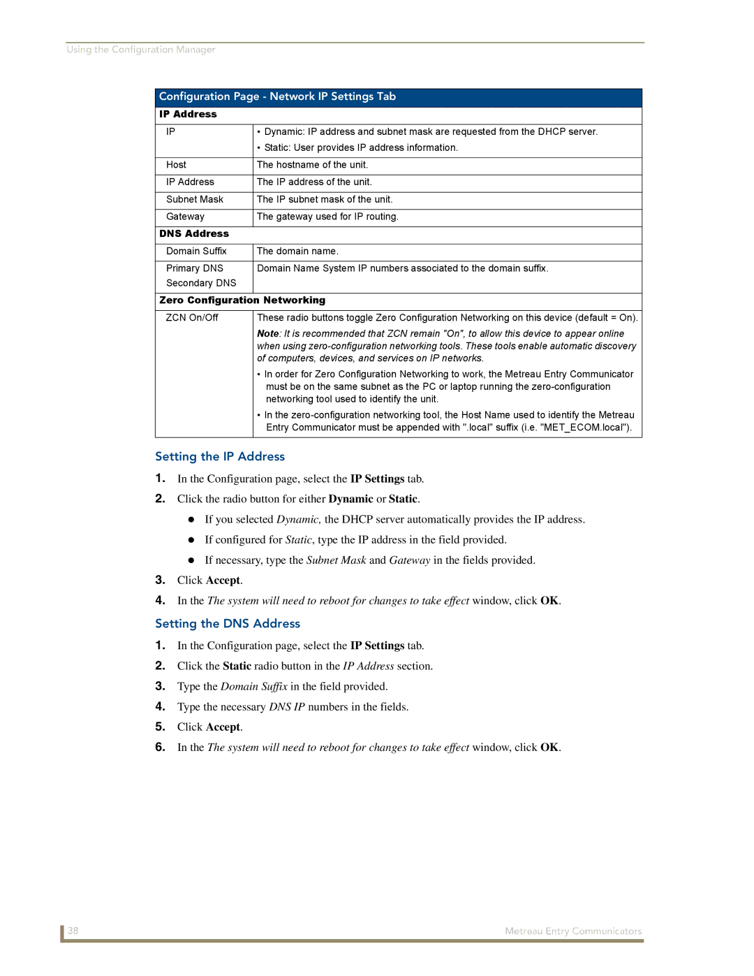 AMX MET-ECOM-D manual Setting the IP Address, Setting the DNS Address, Configuration Page Network IP Settings Tab 