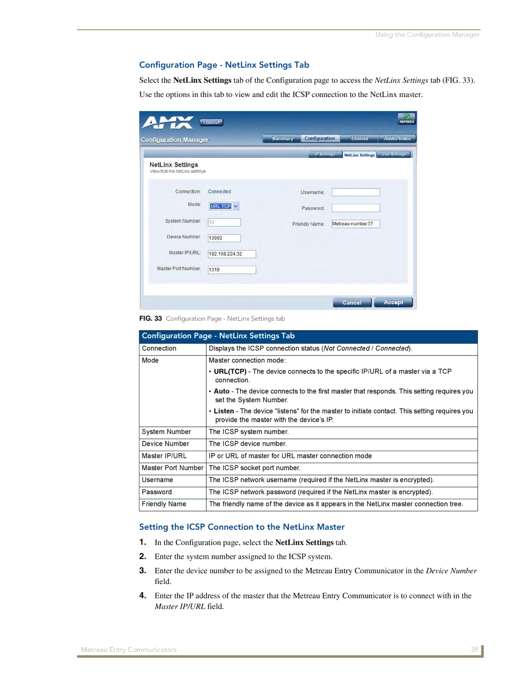 AMX MET-ECOM-D manual Configuration Page NetLinx Settings Tab, Setting the Icsp Connection to the NetLinx Master 