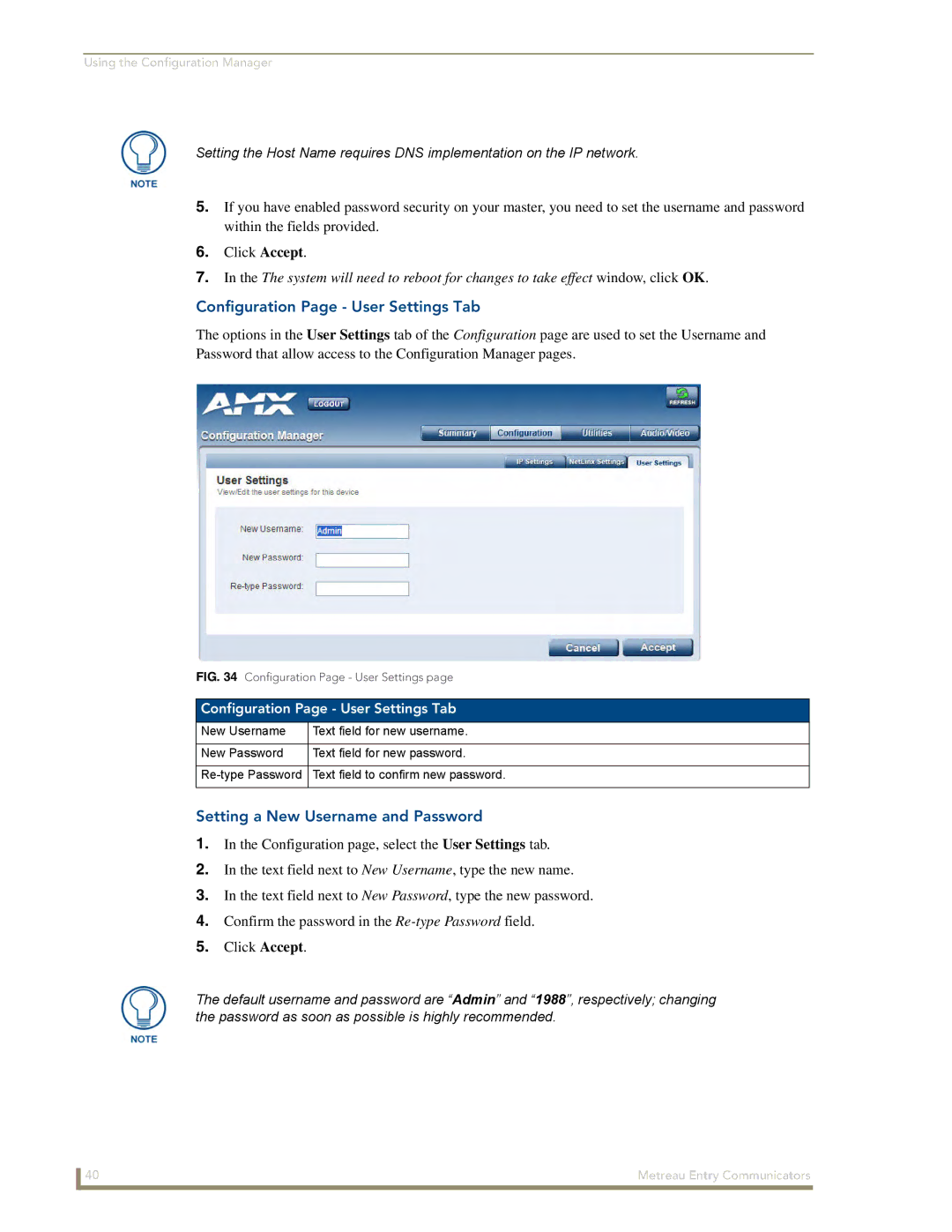 AMX MET-ECOM-D manual Configuration Page User Settings Tab, Setting a New Username and Password 