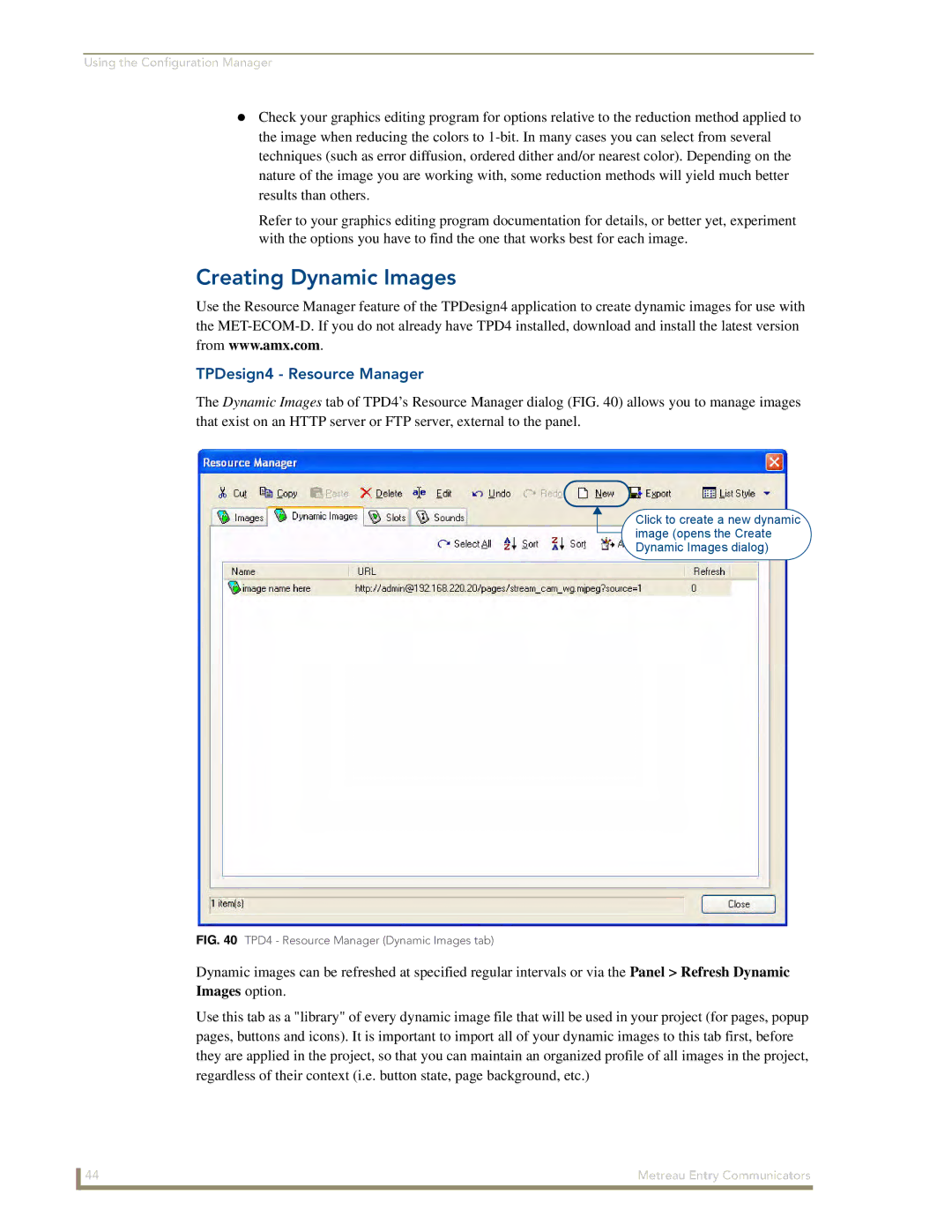 AMX MET-ECOM-D manual Creating Dynamic Images, TPDesign4 Resource Manager 