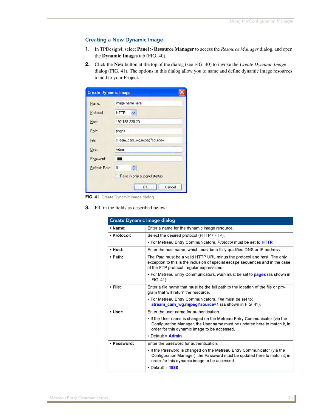 AMX MET-ECOM-D manual Creating a New Dynamic Image, Create Dynamic Image dialog 