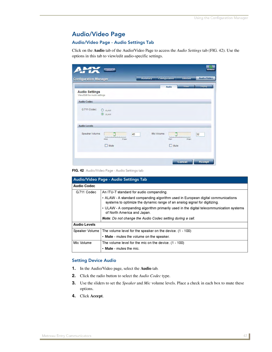 AMX MET-ECOM-D manual Audio/Video Page Audio Settings Tab, Setting Device Audio 