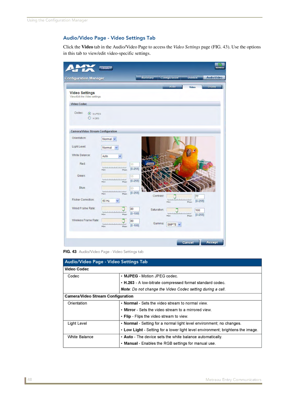 AMX MET-ECOM-D manual Audio/Video Page Video Settings Tab, Video Codec, Camera/Video Stream Configuration 