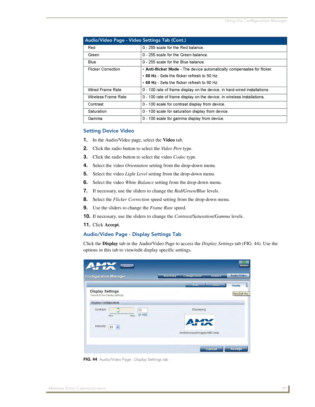 AMX MET-ECOM-D manual Setting Device Video, Audio/Video Page Display Settings Tab 