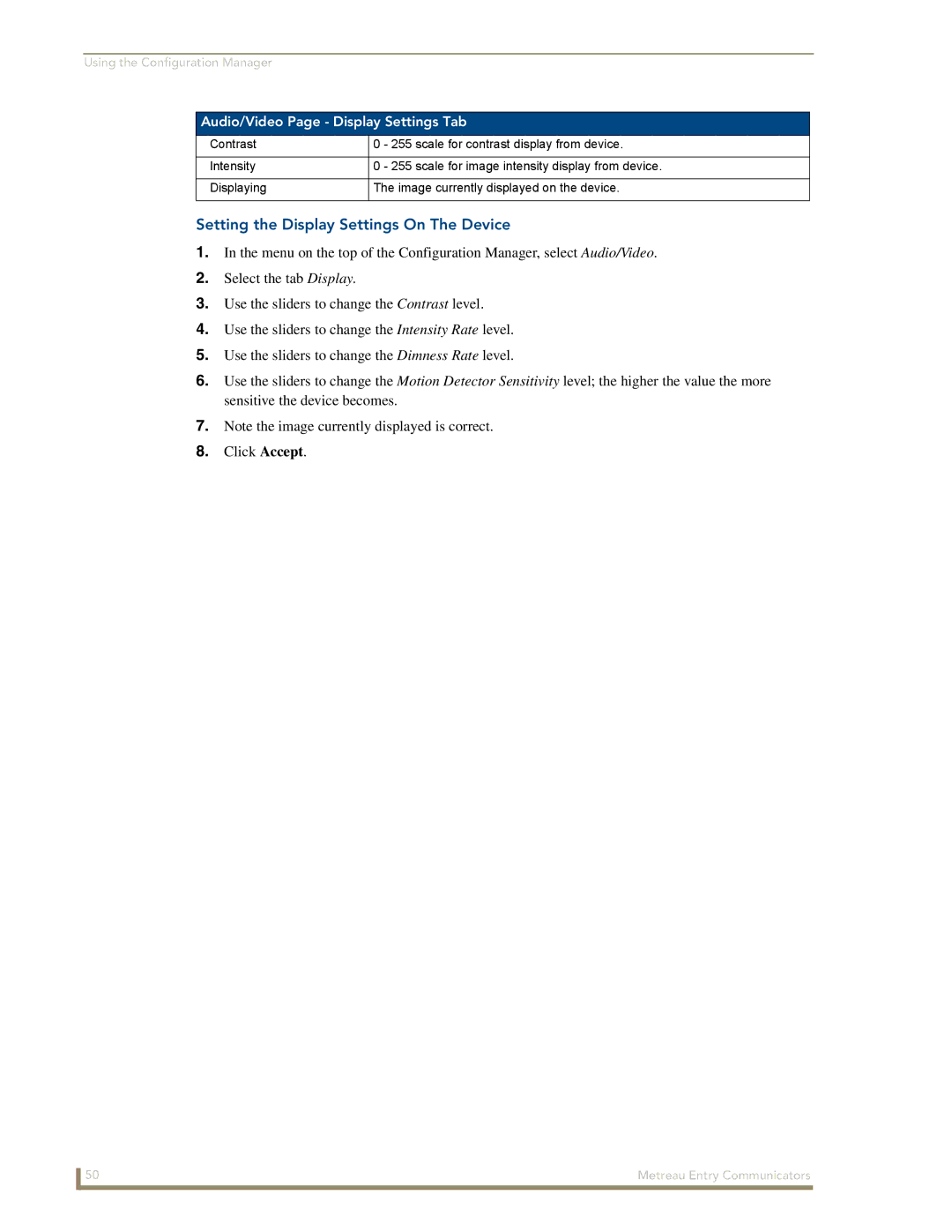 AMX MET-ECOM-D manual Setting the Display Settings On The Device, Audio/Video Page Display Settings Tab 