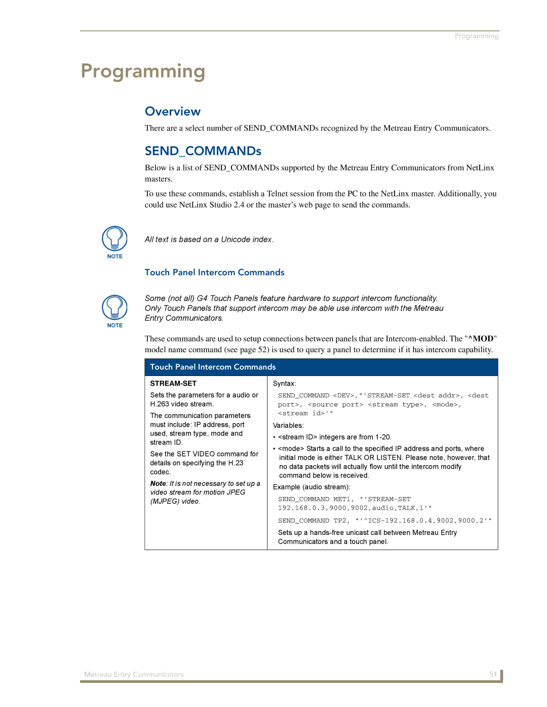 AMX MET-ECOM-D manual Programming, SENDCOMMANDs, Touch Panel Intercom Commands, Stream-Set 