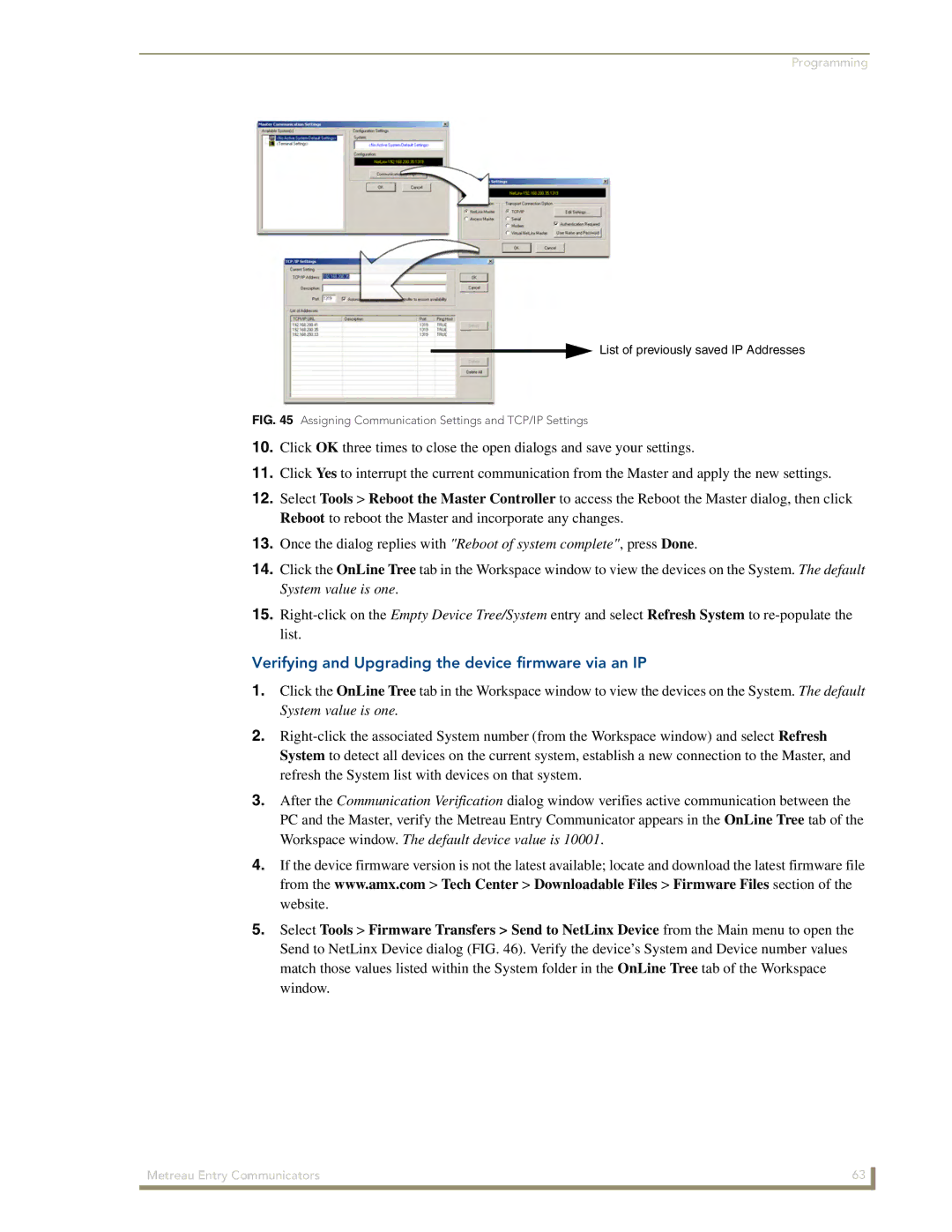 AMX MET-ECOM-D Verifying and Upgrading the device firmware via an IP, Assigning Communication Settings and TCP/IP Settings 