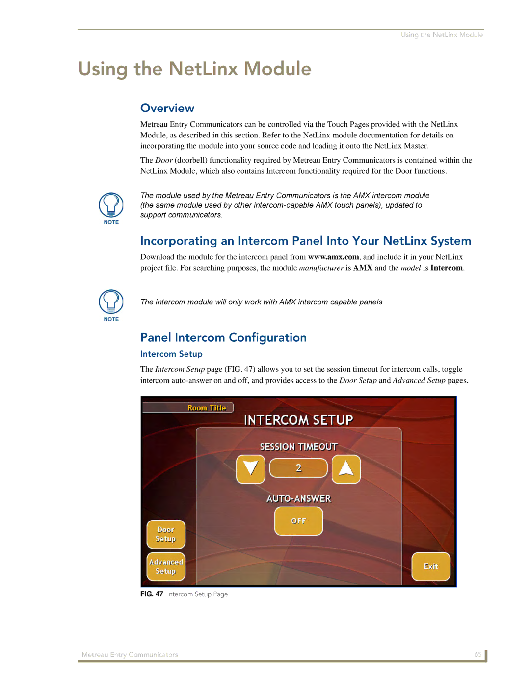 AMX MET-ECOM-D manual Using the NetLinx Module, Incorporating an Intercom Panel Into Your NetLinx System, Intercom Setup 