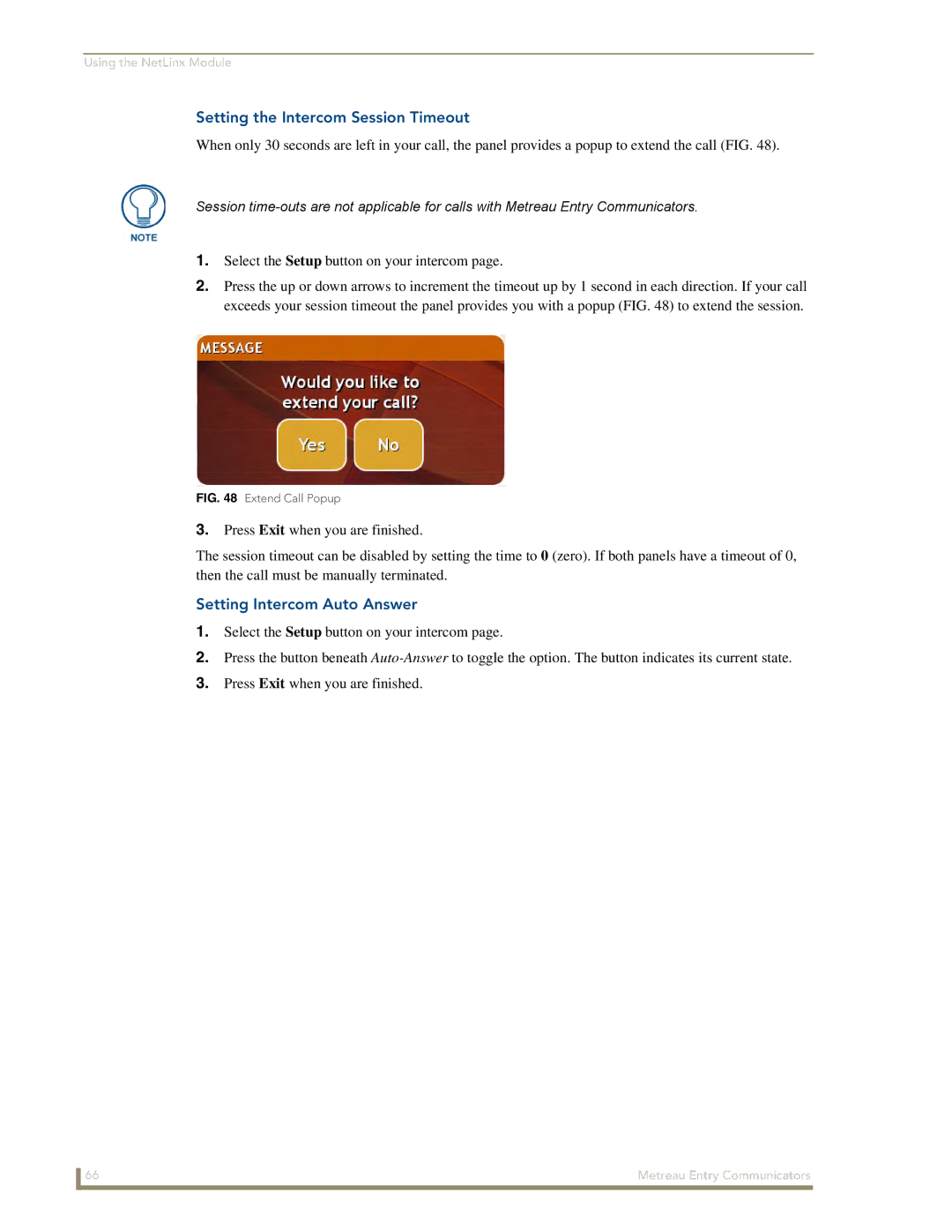 AMX MET-ECOM-D manual Setting the Intercom Session Timeout, Setting Intercom Auto Answer 