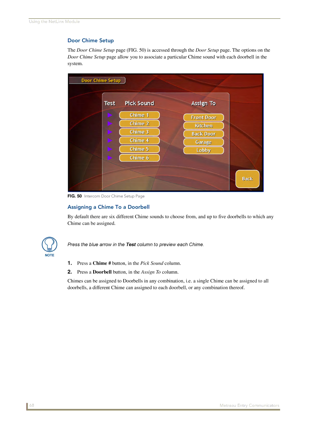 AMX MET-ECOM-D manual Door Chime Setup, Assigning a Chime To a Doorbell 