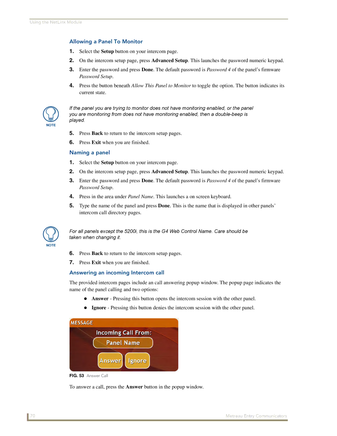 AMX MET-ECOM-D manual Allowing a Panel To Monitor, Naming a panel, Answering an incoming Intercom call 