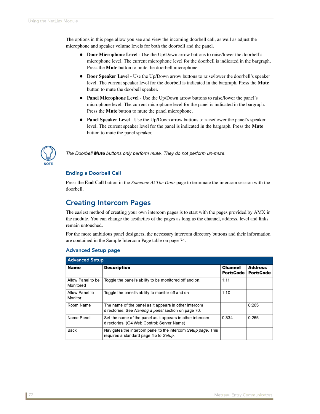 AMX MET-ECOM-D Creating Intercom Pages, Ending a Doorbell Call, Advanced Setup, Name Description Channel Address PortCode 