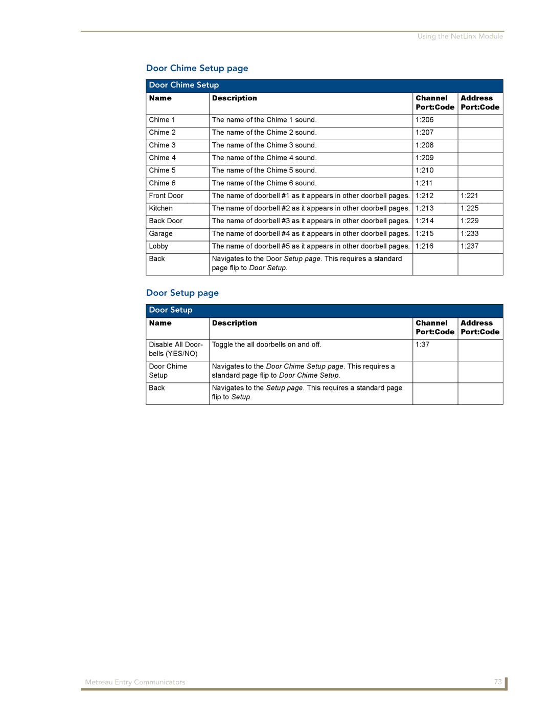 AMX MET-ECOM-D manual Door Chime Setup, Door Setup 