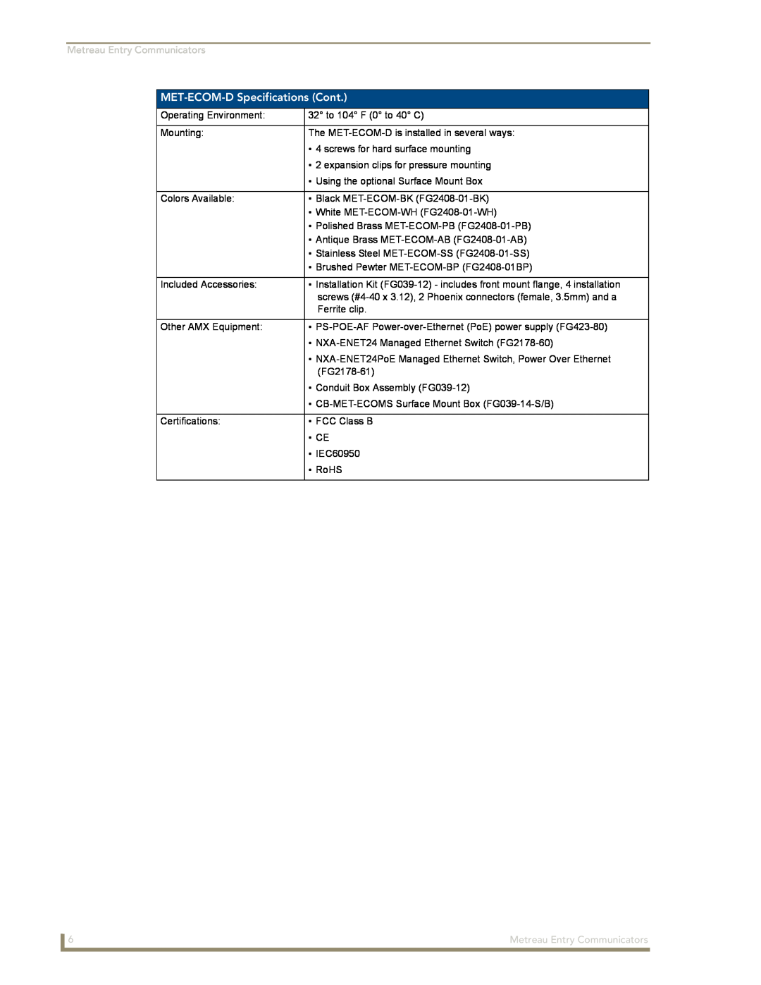 AMX manual MET-ECOM-DSpecifications Cont, Metreau Entry Communicators 