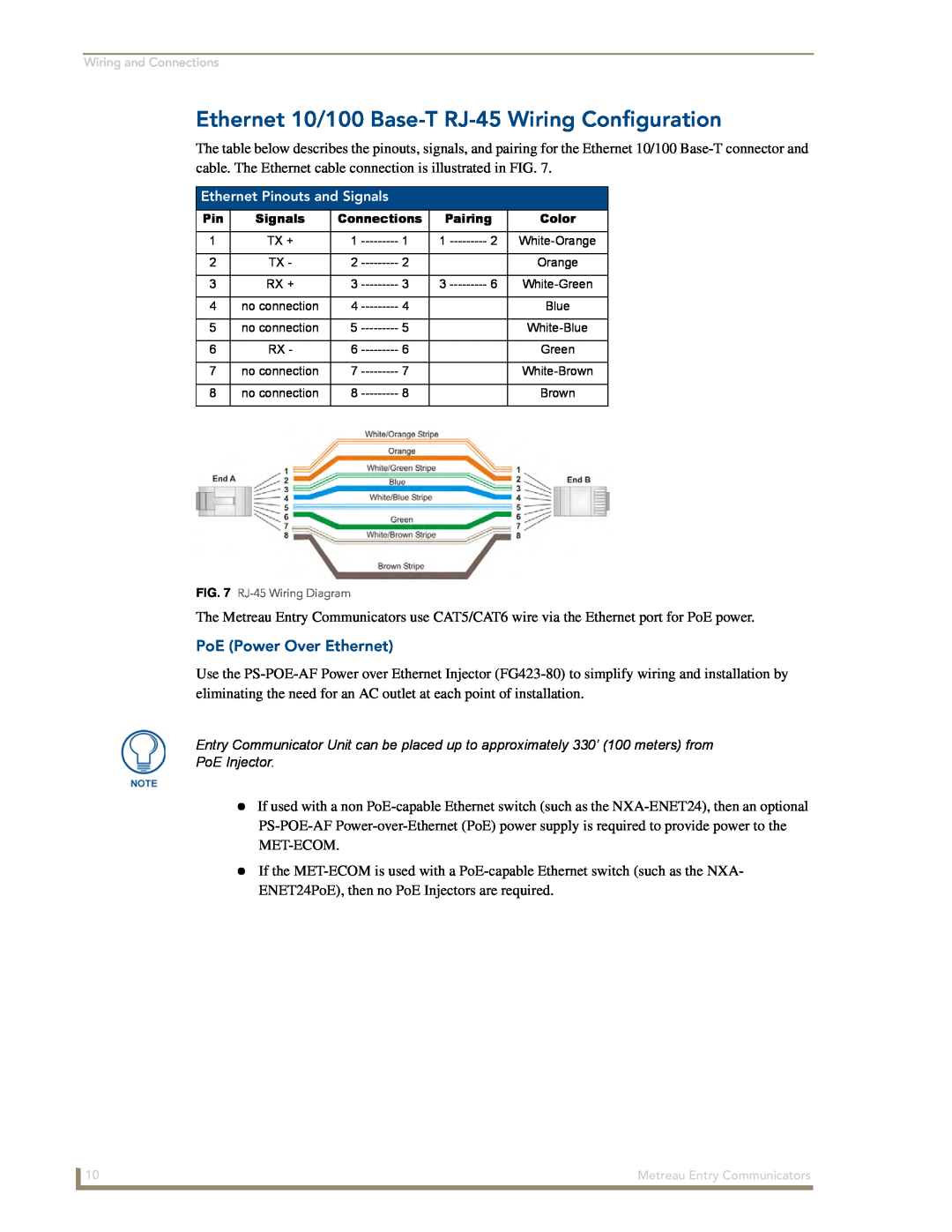 AMX MET-ECOM-D manual Ethernet 10/100 Base-T RJ-45Wiring Configuration, PoE Power Over Ethernet 
