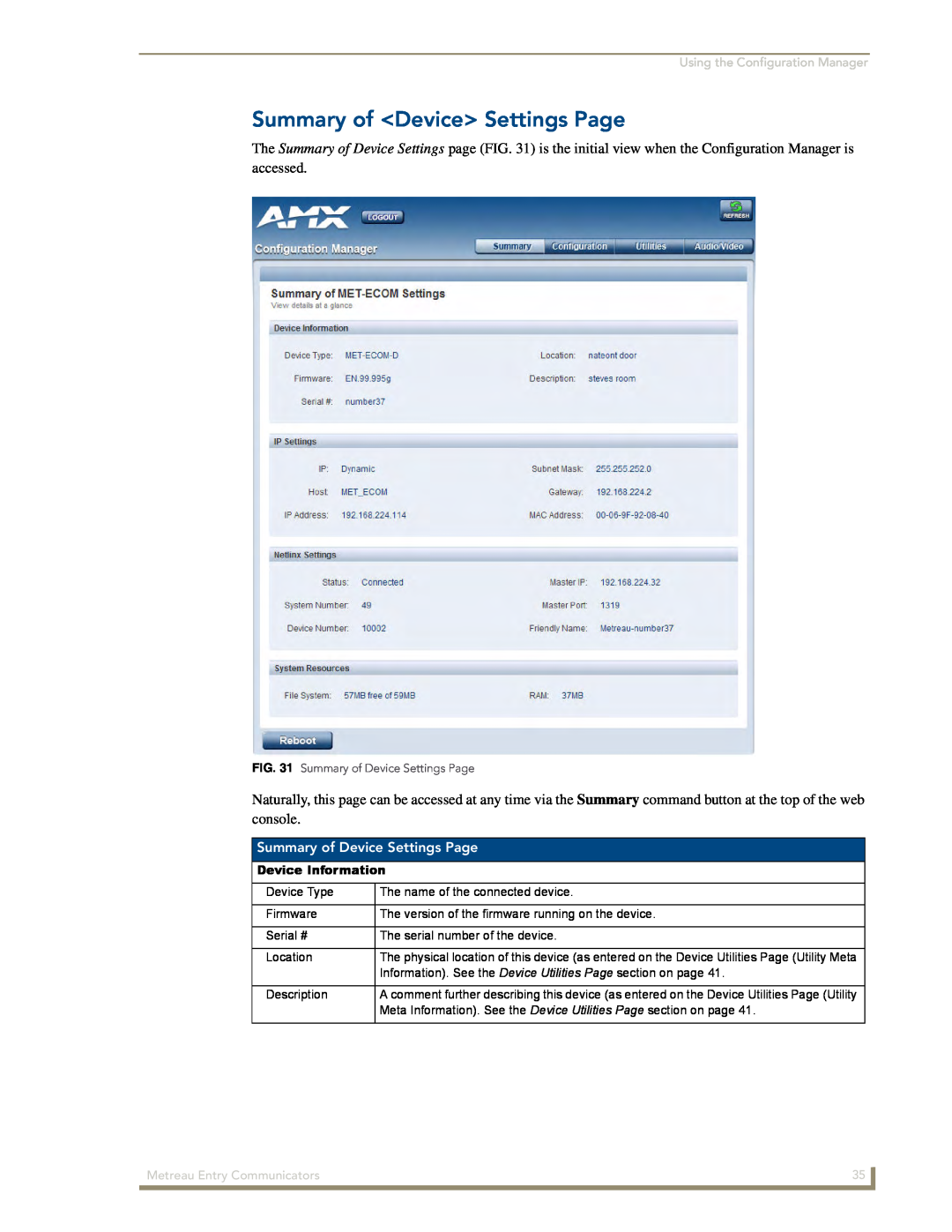 AMX MET-ECOM-D manual Summary of <Device> Settings Page, Summary of Device Settings Page 