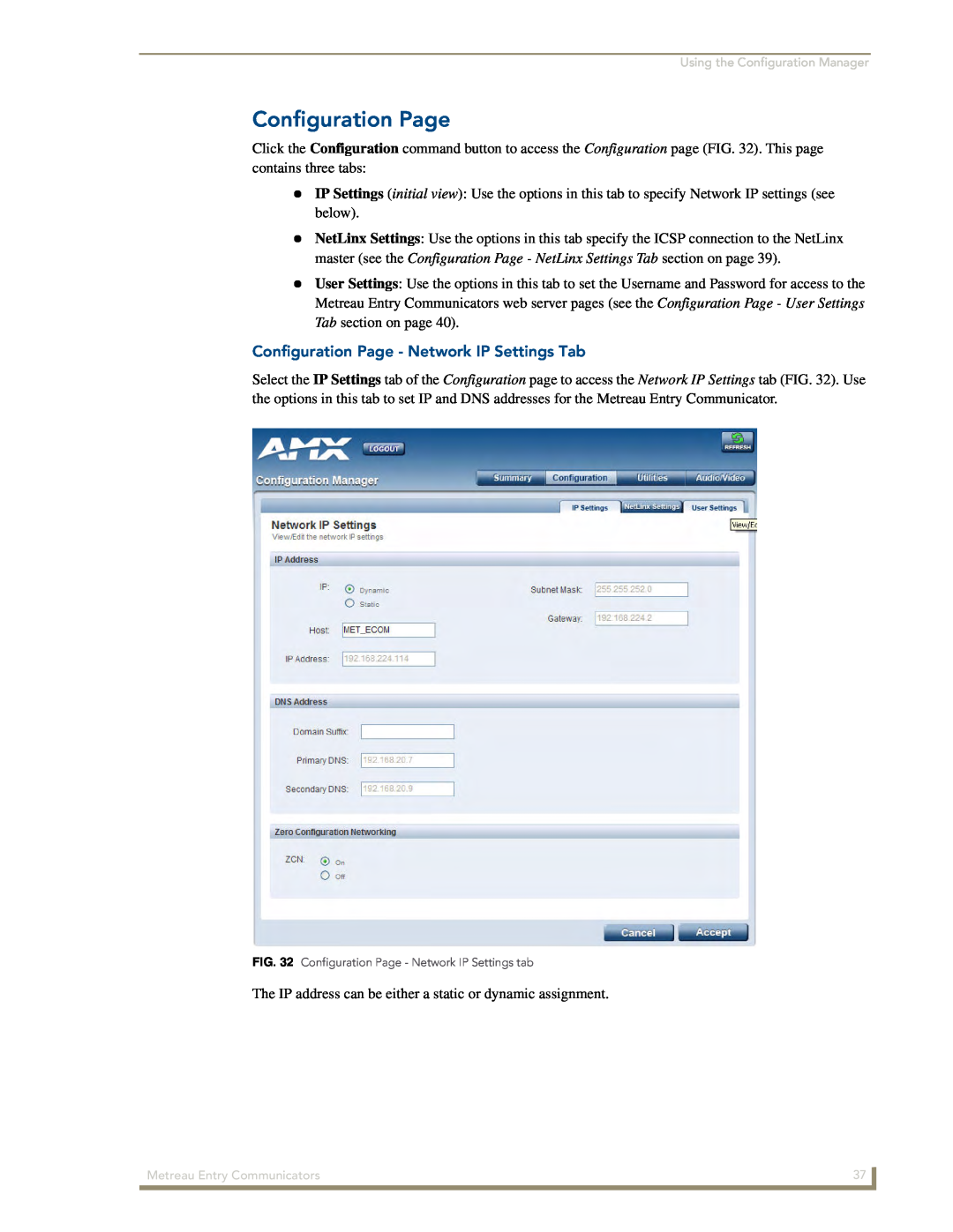 AMX MET-ECOM-D manual Configuration Page - Network IP Settings Tab 