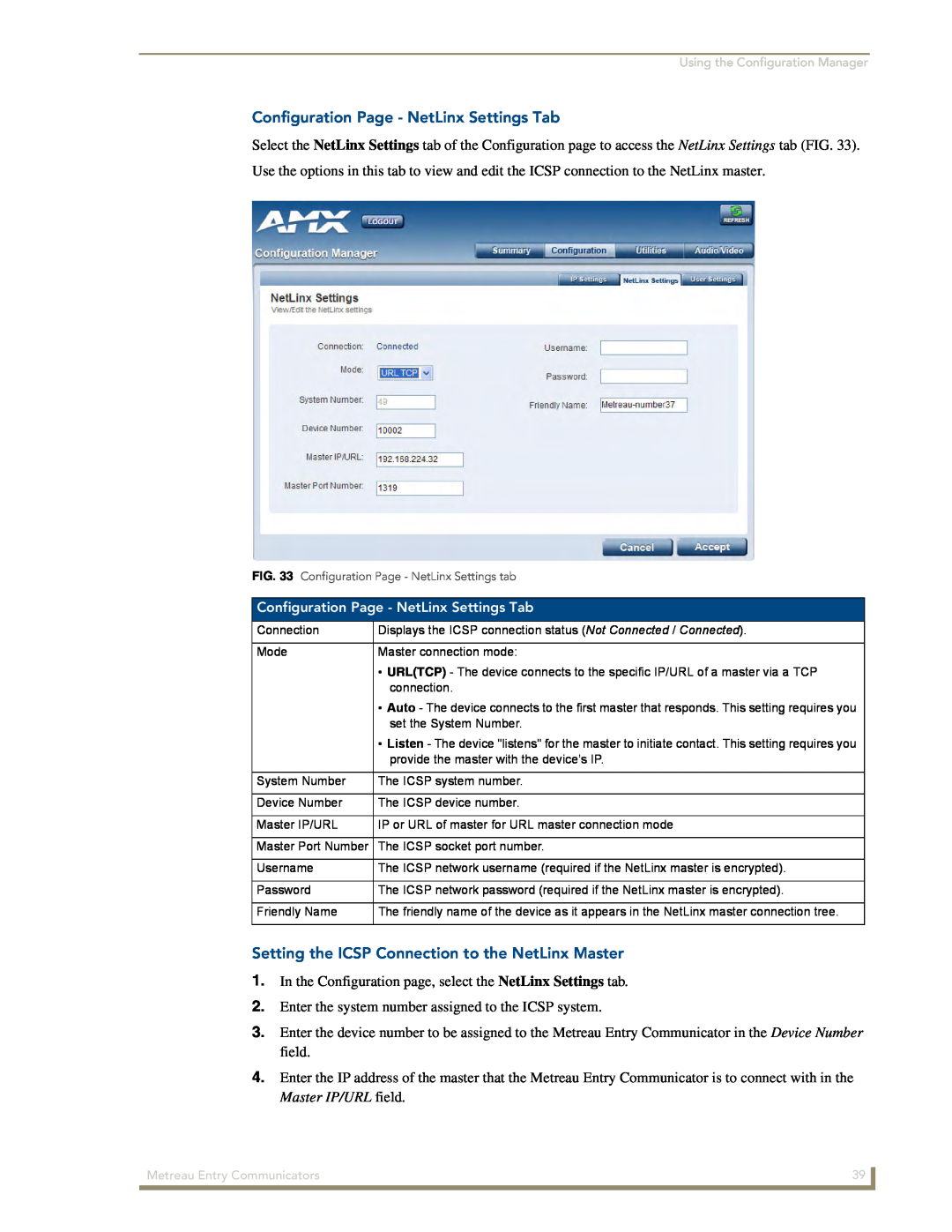 AMX MET-ECOM-D manual Configuration Page - NetLinx Settings Tab, Setting the ICSP Connection to the NetLinx Master 