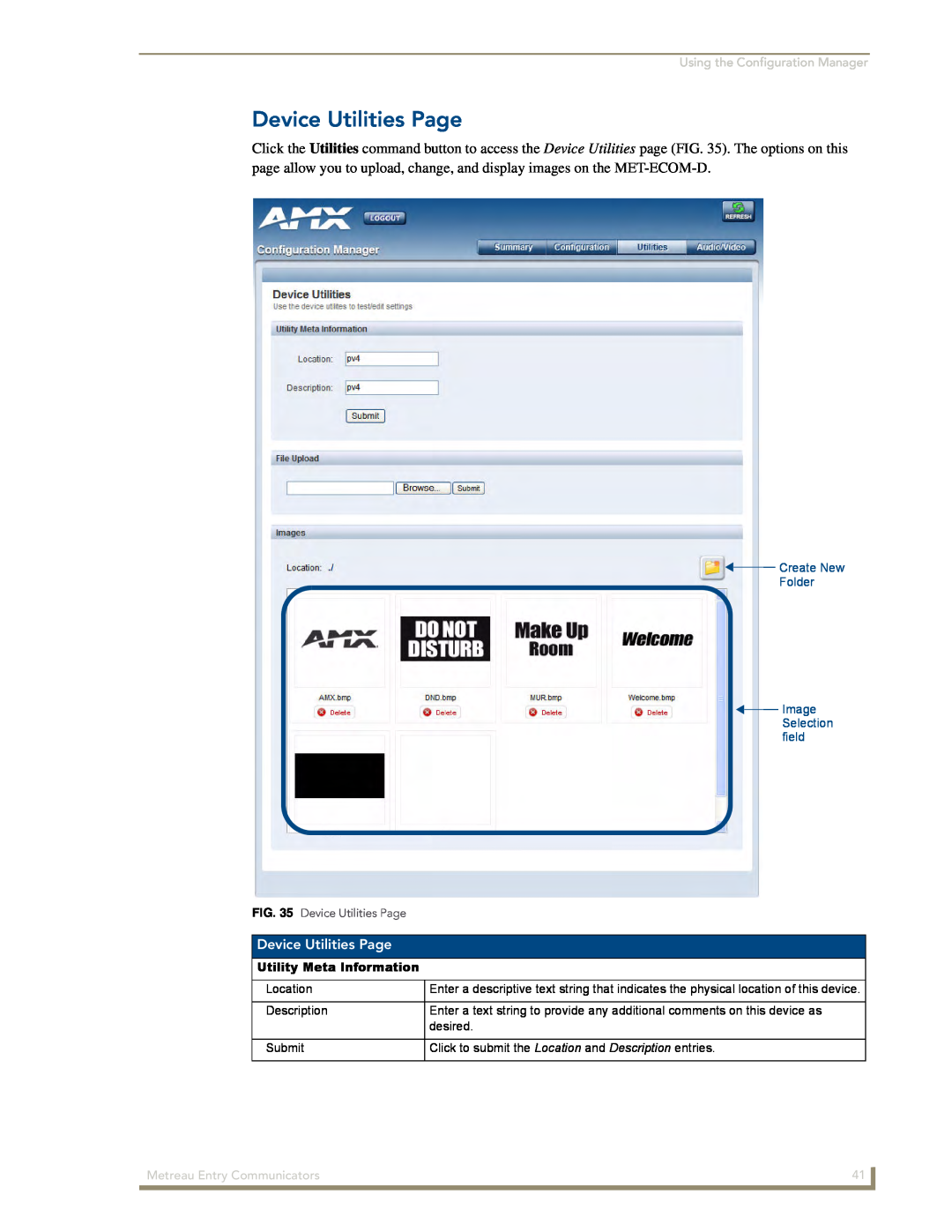 AMX MET-ECOM-D manual Device Utilities Page, Using the Configuration Manager, Create New Folder Image Selection field 